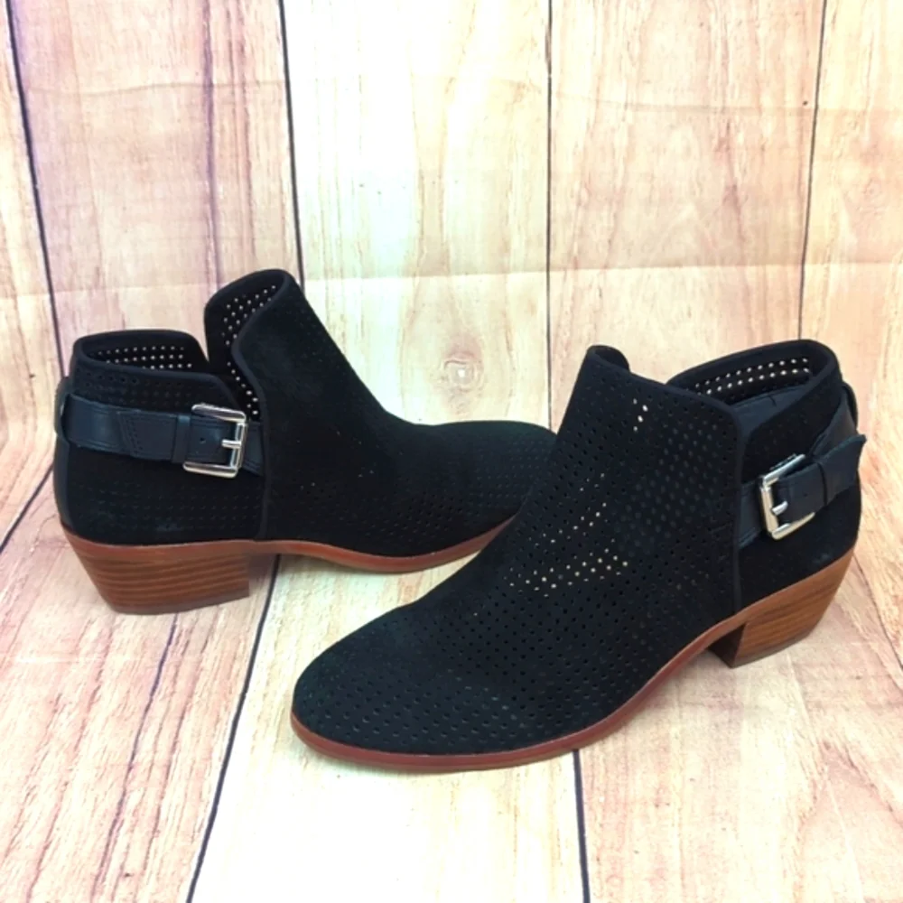 SAM EDELMAN Paula Black Suede Booties Perforated Ankle Boots Slip-On Sz 6